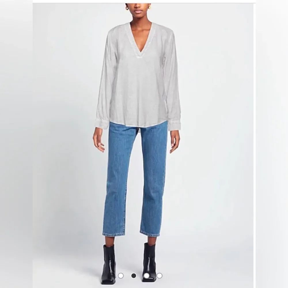 120% Lino Light Gray Linen Back Silky Front Notch Collar Long Sleeve Blouse L